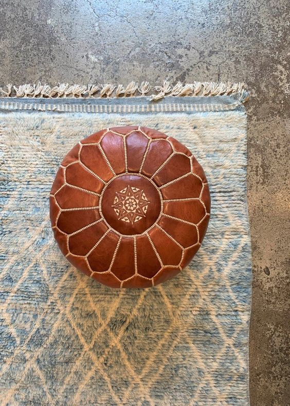 Pouf Marocain Rond En Cuir Vert - Fait Main (100% Cuir, 40x65 Cm)